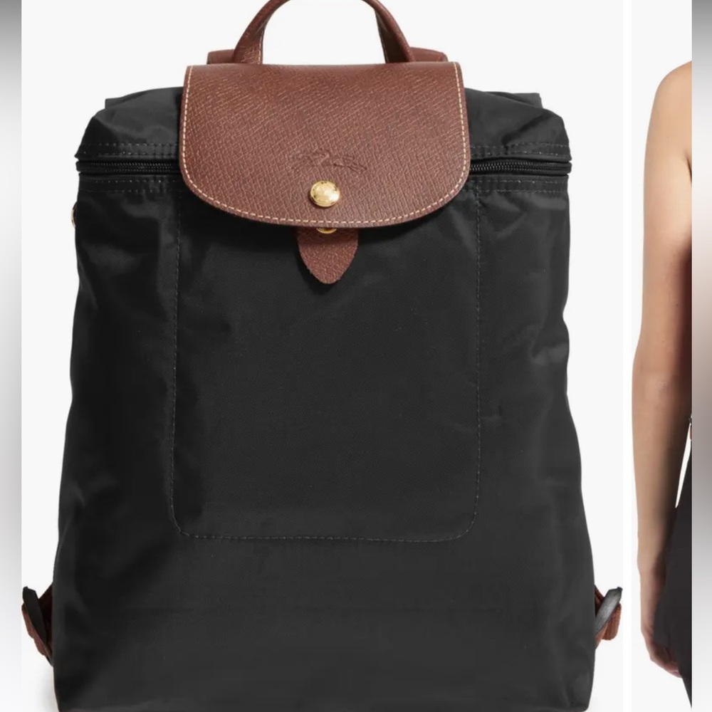 Longchamp Black Nylon Backpack with Brown Leather Flap
